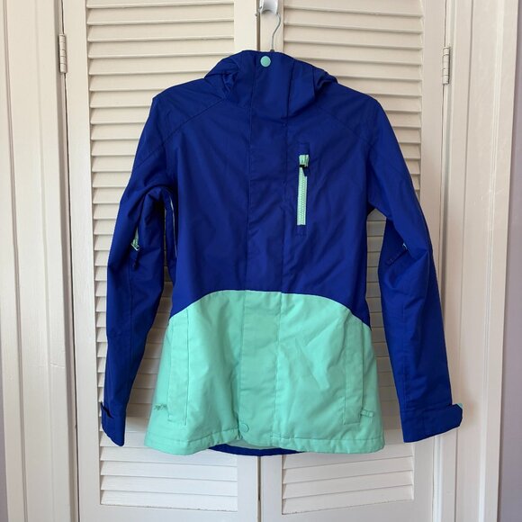 Burton women's Horizon snowboard jacket small blue mint hooded Mountain Dew - Picture 1 of 13